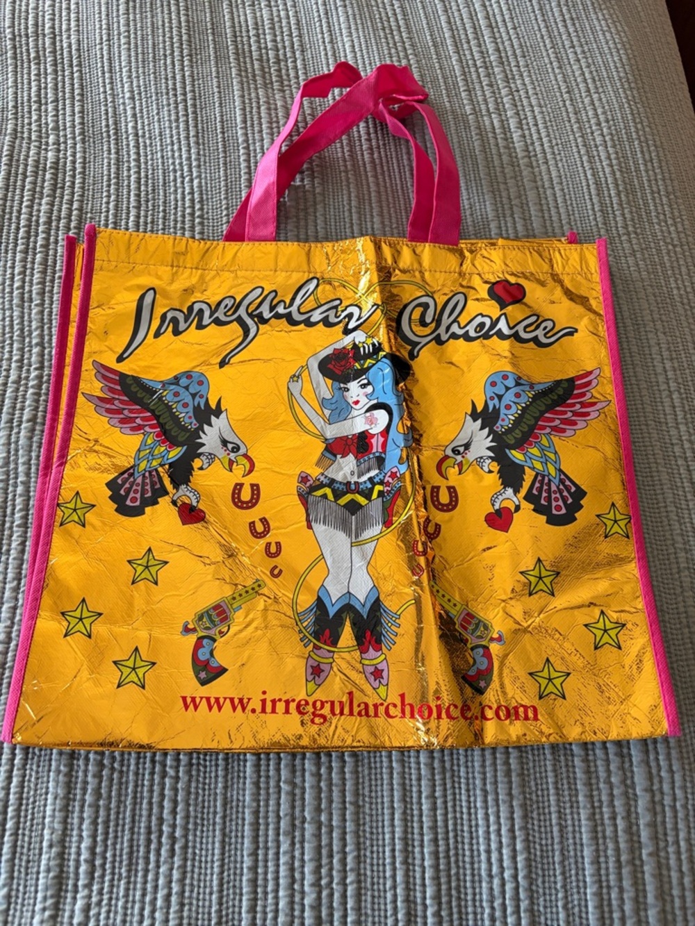 Irregular Choice Yellow Tote with Hot Pink Handles and Multicolor Graphic
